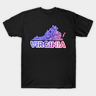 Colorful mandala art map of Virginia with text in blue and violet T-Shirt